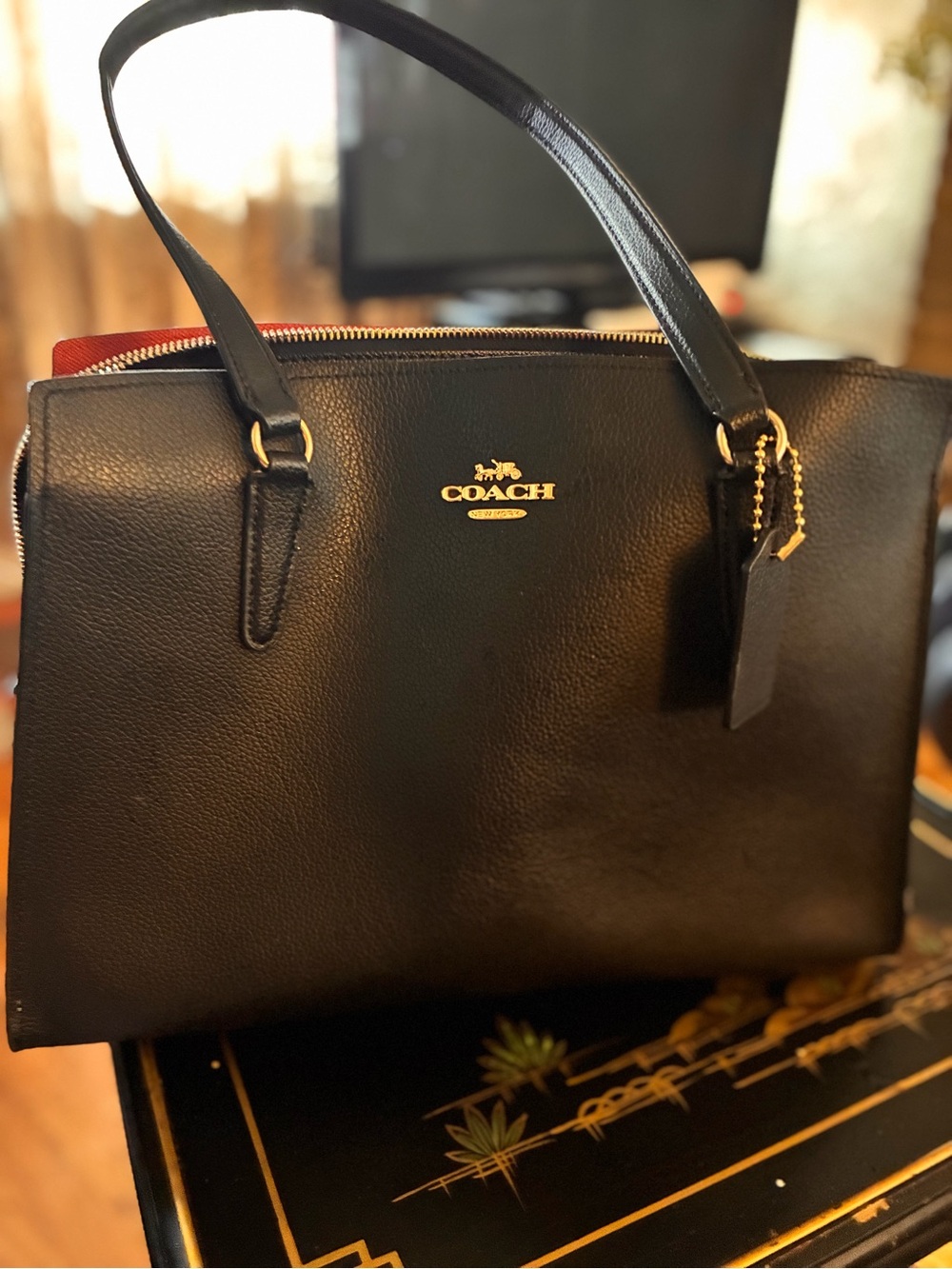 COACH Black Leather Bag with Red Interior with Gold Hardware